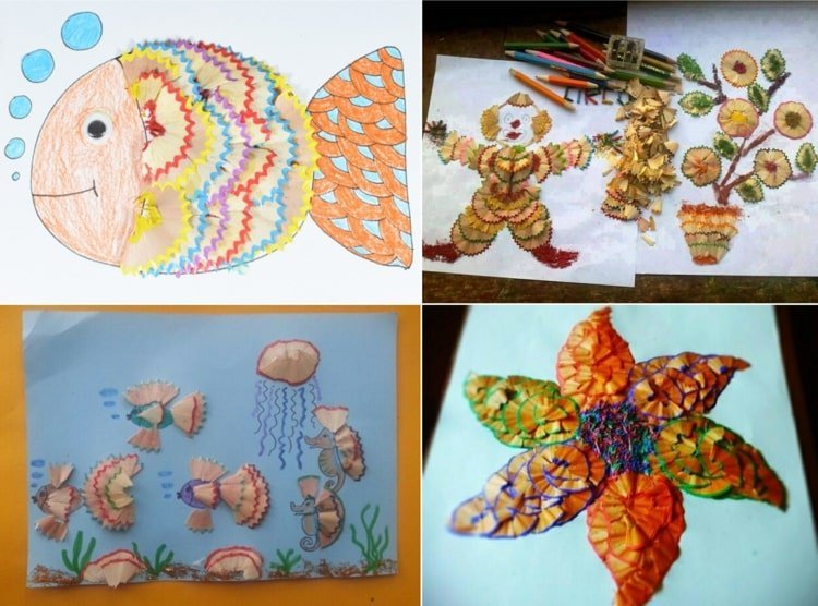 Umenie pre deti vyrobené jednoducho z hoblín z farebných ceruziek