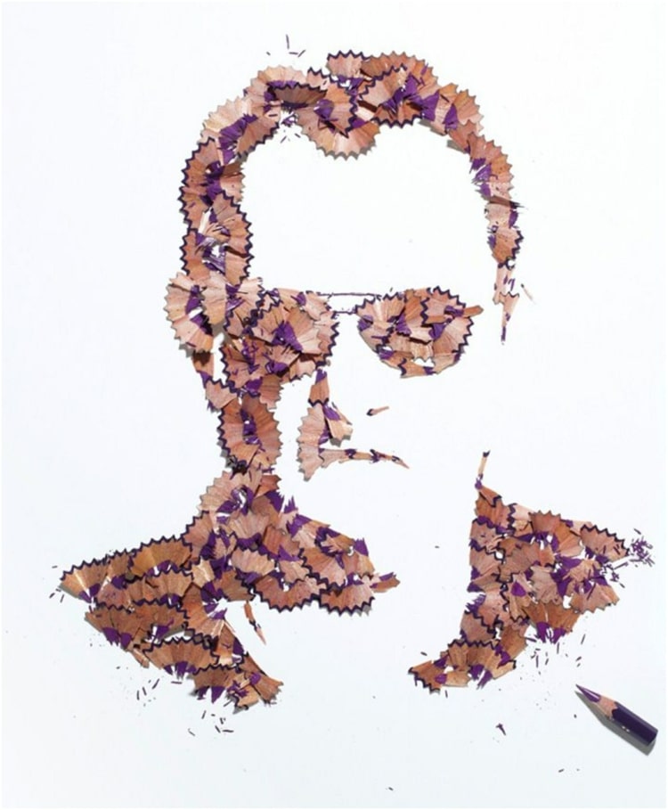 Siluety obrázky z dreva - muž s okuliarmi z hobliniek farebnej ceruzky