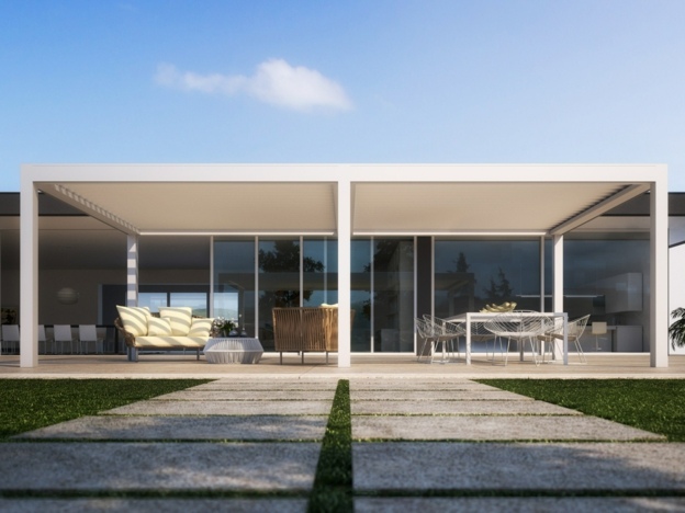 Domová architektúra s baldachýnom je vhodná na leto i zimu dom bioklimatický dizajn baldachýn slnečná úspora energie