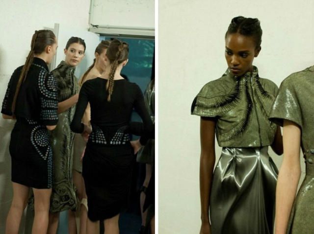 Príprava na módne mólo v zákulisí čierne šaty-metalické-oblečenie