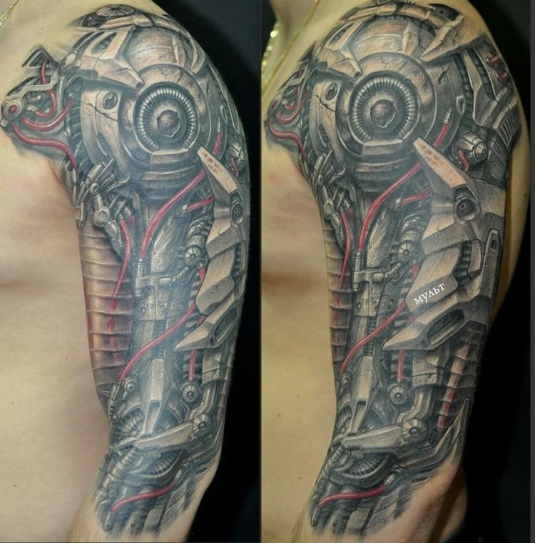 biomechanika-tetovanie-nadlaktie-červená-kábel-muž