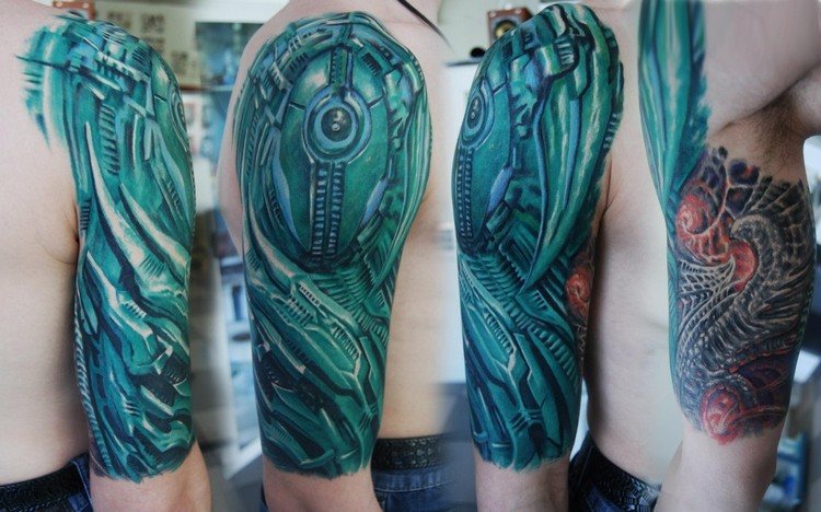 biomechanika-tetovanie-nadlaktie-zelené-robotické-rameno