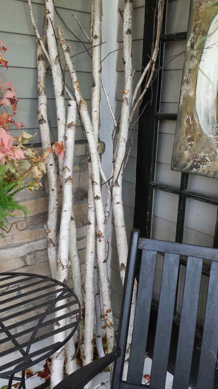Dekorácia kmeňa brezy - založte vetvy kmeň breza deco vetvy veranda terasa dizajn čierny nábytok