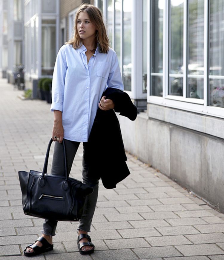 Birkenstock outfits nápady dlhé košele džínsy