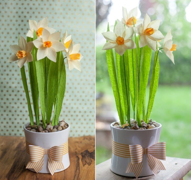 Vyrobte si z papiera umelé jarné ac kvety - narcisy v kvetináči so štrkom