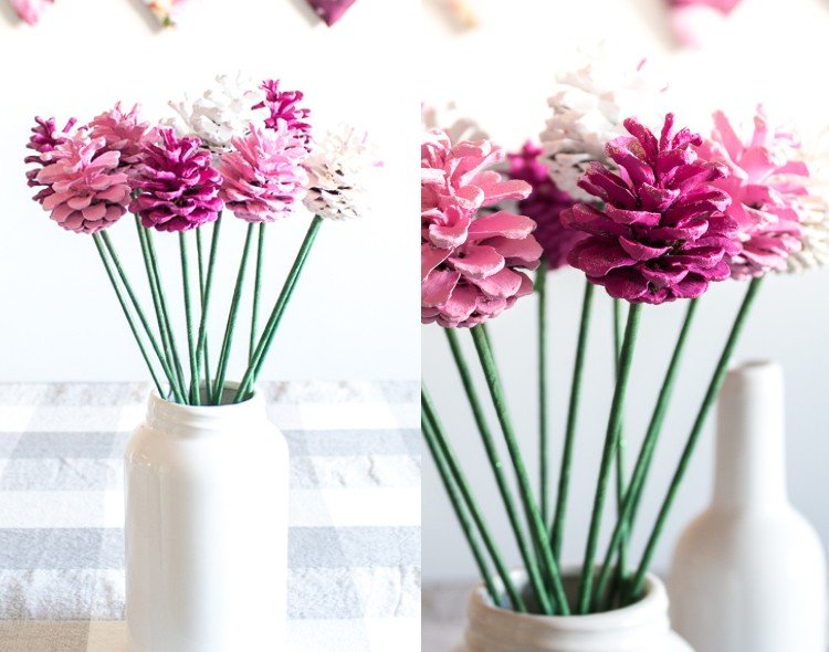 Kvety zo šišiek s detskými drobnosťami