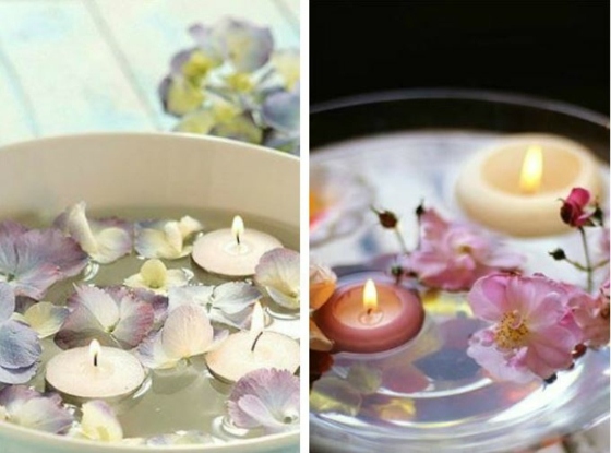 Sviečky s kvetmi v okrúhlych miskách na svadbu ako dekor Keramická a sklenená misa s plávajúcimi kvetmi