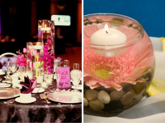 Kvetinová dekorácia na svadobnú sviečku so štrkovitým skleneným valcom s tulipánmi Gerbera-a-orchidea-tulipány-v-sklenených miskách-a-valcoch