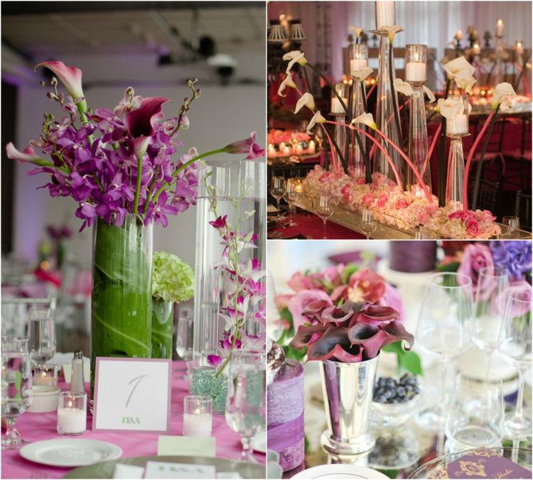 Kvetinová svadobná výzdoba v ružovej a fialovej farbe kvetinová výzdoba-svadobný-stôl-dekorácia-stredobod-stola-číslo-váza-strieborné-sklo-callas-svietnik