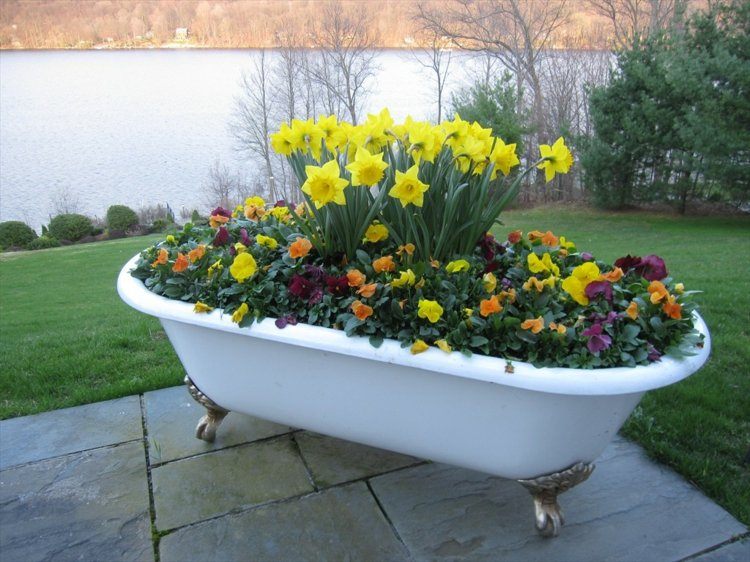 kvetináče-záhradná výsadba-vaňa-retro-nápad-záhon-narcis-macešky-farebné