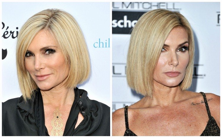 Účesy Bob klasické medové blond bočné lúčenie s ofinou a bez nej