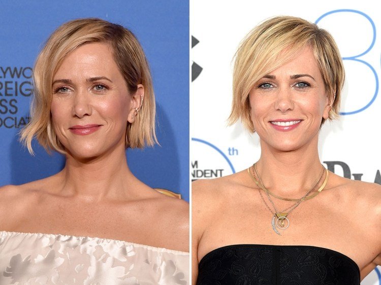 krátky bob s bočným delením blond vlasov bob-haircuts-2015-chin-length-short-Kristen-Wiig