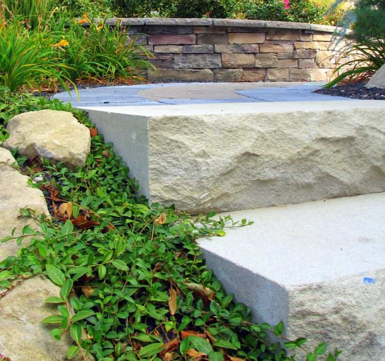 Kamenné schody vonku a vždyzelené ako výplň medzier ground-cover-vinca-minor-gaps-bed-fill