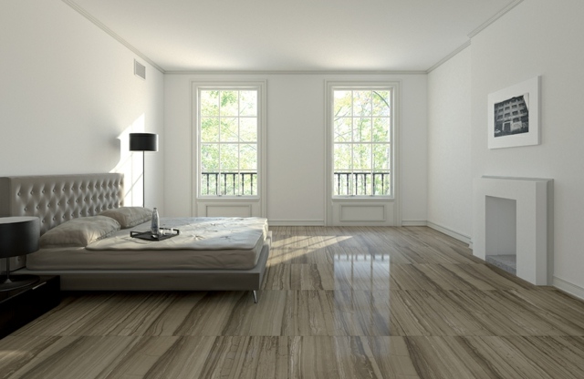 Spálňa béžová kožená posteľ čelo postele biele steny béžová kožená posteľ čelo postele biele steny krb