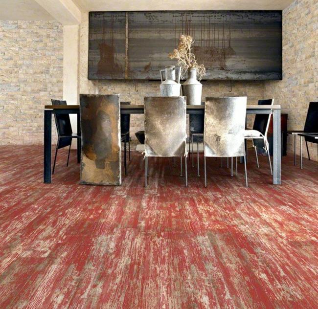 Podlaha jedáleň retro štýl stena z prírodného kameňa moderný nábytok