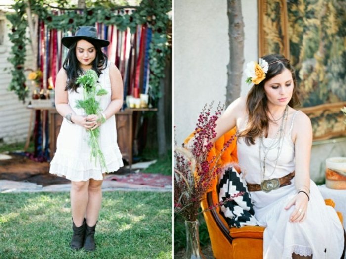 Boheme Bridal Party - Veľa kvetinových dekorácií v záhrade záhradná bohémska nevesta párty dekorácia kvety kreslo oranžové biele šaty