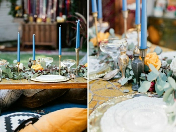 Boheme štýl na ozdobu stolu s efektívnym šejkrom na korenie dekorácia stolu svadobná sprcha bohémske modré sviečky aranžovanie kvetov