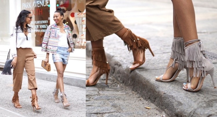 Sandále na vysokom podpätku s strapcami zo semišu pre elegantný vzhľad Boho-chic-fashion-white-fringed-high-heels-sandals-heels-nohavice-denim-shorts