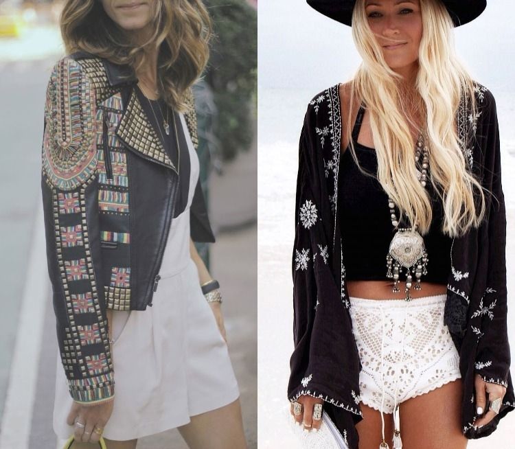 Kimono alebo kožená bunda zdobená výšivkami a kapsulami Boho-Chic-Fashion-Biela-kožená bunda-čierne-kimono-kraťasy-doplnky-kapsula