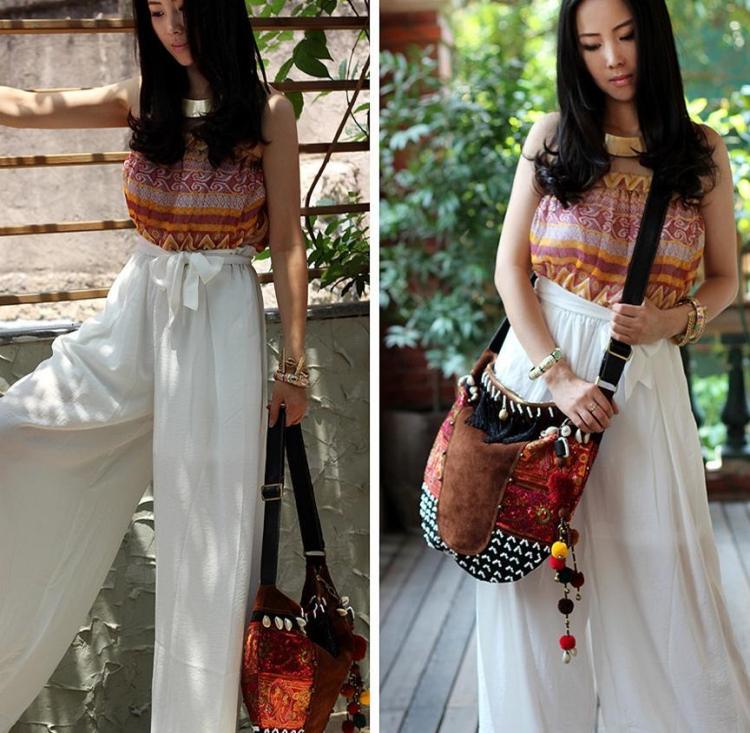 Nohavice z prírodného vlákna so širokými nohavicami na chladnejšie dni Boho-šik-móda-biela-biela-dlhá-noha-taška-príslušenstvo-hippie-top