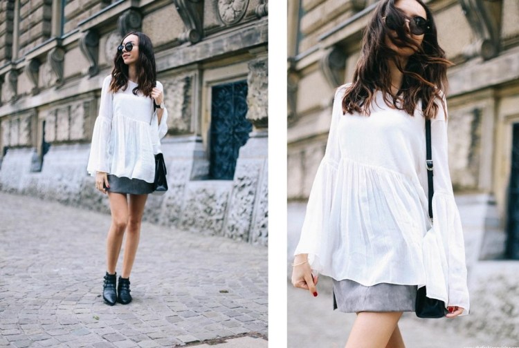 vzdušná blúzka z bavlny a členkových topánok Boho-šik-móda-biela-blúzka-top-sukňa-ancleboots-slnečné okuliare