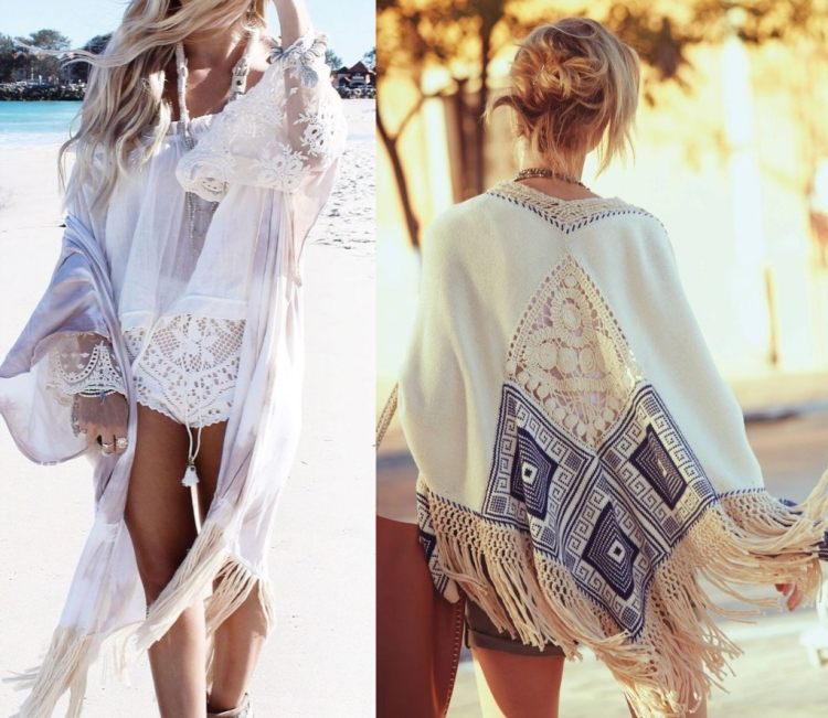 Kimono s čipkou a strapcami na neskoré leto Boho-Chic-Fashion-White-kimono-lemované-pláž-look-vzor-leto