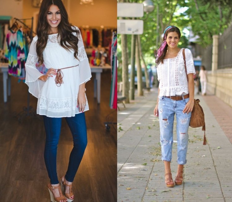 Tunika s prvkami čipky a džínsov Boho-Chic-Fashion-Biele-rifle-tunika-blúzka-špicaté-hnedé-klinové-podpätky-velurové