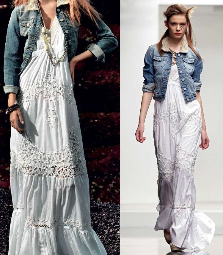 Biele bavlnené maxi šaty a rifľová bunda Boho-Chic-móda-biele-maxi-šaty-džínsy-bunda-čipka-korálkové doplnky