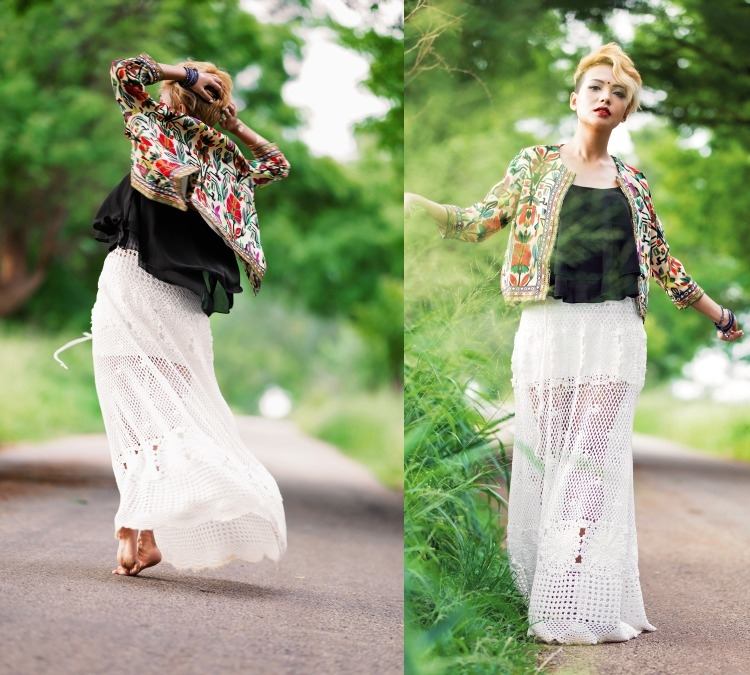 dlhá sukňa z bielej čipky s transparentným efektom Boho-Chic-móda-biela-maxi-sukňa-sieťovaná bunda-bunda-farebný vzor