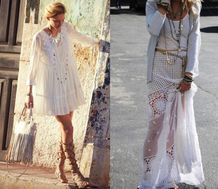 Rímske sandále a biele šaty s rôznymi pruhmi Boho-šik-móda-biela-každodenný-vzhľad-čipka-lemované-doplnky