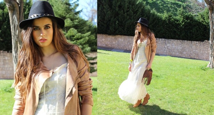 Hnedá semišová bunda a biele maxi šaty Boho-Chic-Fashion-White-maxi-šaty-velúrová bunda-fedora-klobúk-čierna