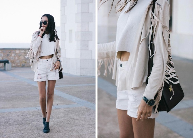 Outfit v bielej farbe so šortkami a crop topom Boho-Chic-Fashion-Biele-lemované šortky-skrátená bunda-vreckové-slnečné okuliare-čierna