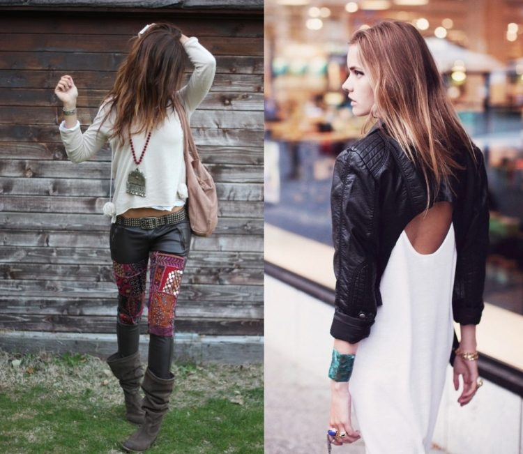 Oblečenie s extravagantnými časťami zo syntetickej kože Boho-Chic-móda-biela-čierna-kožená-bunda-nohavice-doplnky