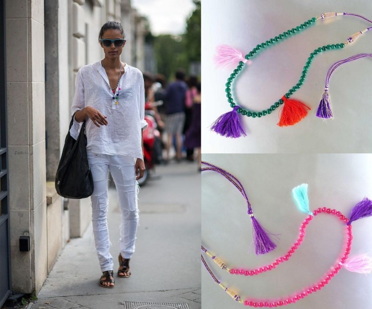 farebné doplnky a šperky a biely outfit Boho-šik-móda-biele-doplnky-nohavice-blúzka-ležérne-street-style-look