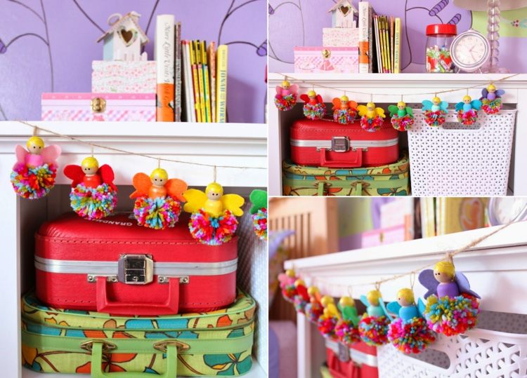 Roztomilé víly vyrobené z drevených figúrok a pomponov na ozdobu detskej izby