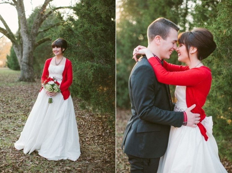 Krásna nevesta s červeným svetrom nevesta hodiť na svadbu jesenný sveter atraktívny červený s dlhým rukávom