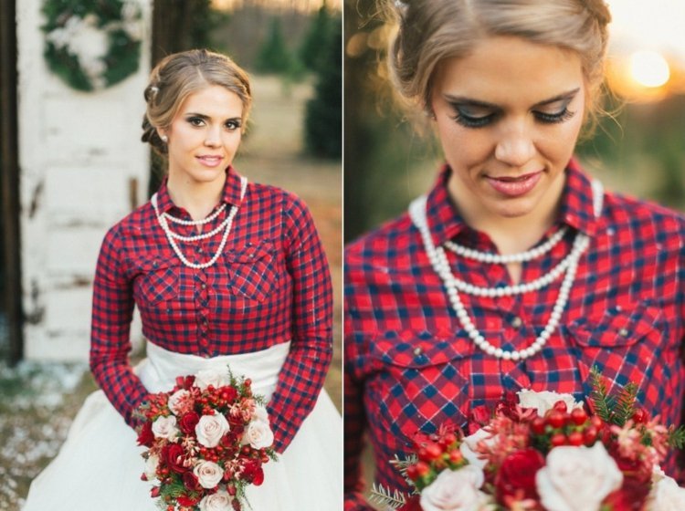 Oblečenie pre nevestu so sukňou a kockovanou košeľou s dlhým rukávom svadobná-ovinutá-svadobná-kockovaná košeľa-nápad-retiazka-perly-červeno-svadobná kytica