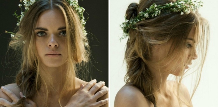 ležérny účes so sviežim kvetinovým vencom vo vlasoch svadobný účes-kvetinový-veniec-romantické-kvety-prírodné-boho-neporiadok-jednoduché