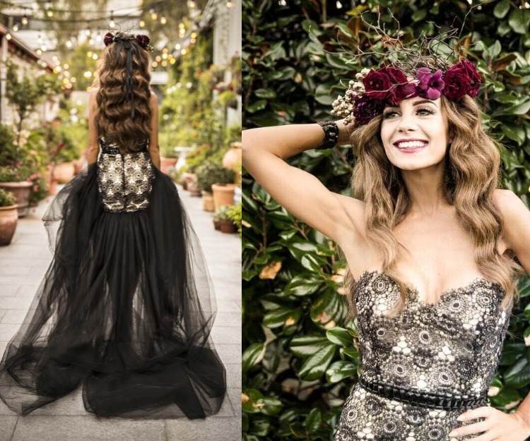 extravagantná nevesta so svadobným účesom a vencom z kvetov svadobný účes-veniec-romantické-kvety-alternatíva-čierne-ruže-bordo