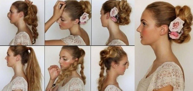 krásny zapletaný účes s kvetmi vo vlasoch svadobný účes-kvetinový-veniec-romantické-kvety-návod-pletený účes-objem