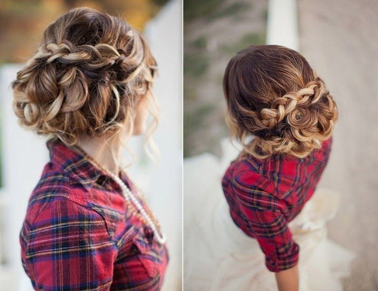 Výber pleteného updo pre rustikálnu svadbu svadobný účes-vrkoč-rustikálna-svadba-updo-károvaná košeľa-sukňa