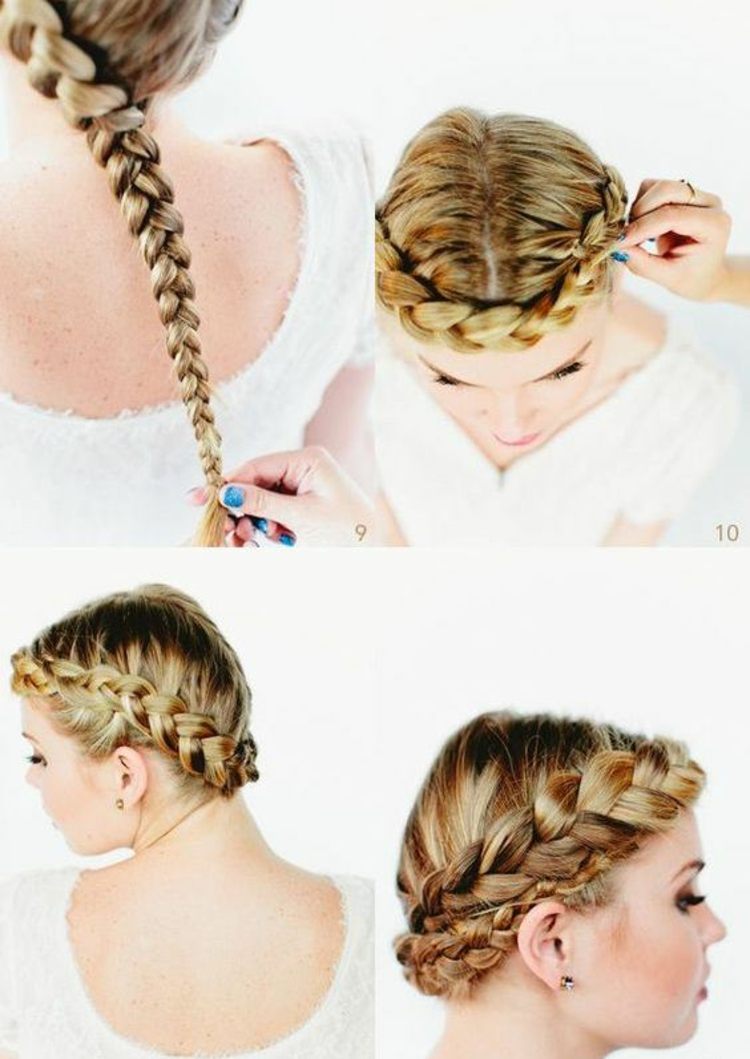 Omotajte vrkoč okolo hlavy svadobný účes-vrkoč-veniec-čelo-návod-družička