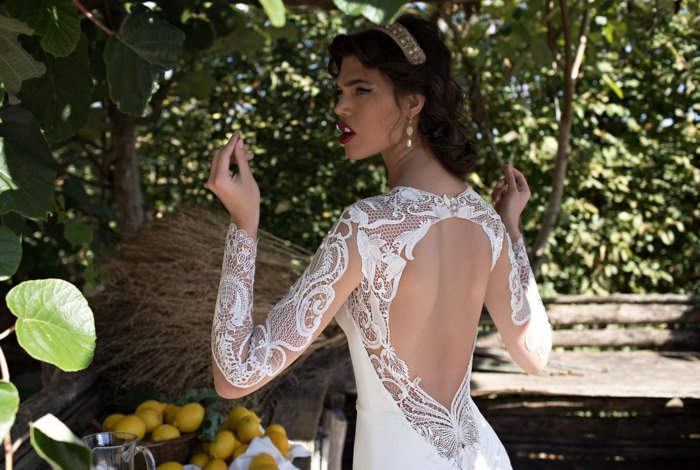 Svadobné šaty s čipkovanými rukávmi v nahom vzhľade svadobný dizajn backless updo svadobný diadém