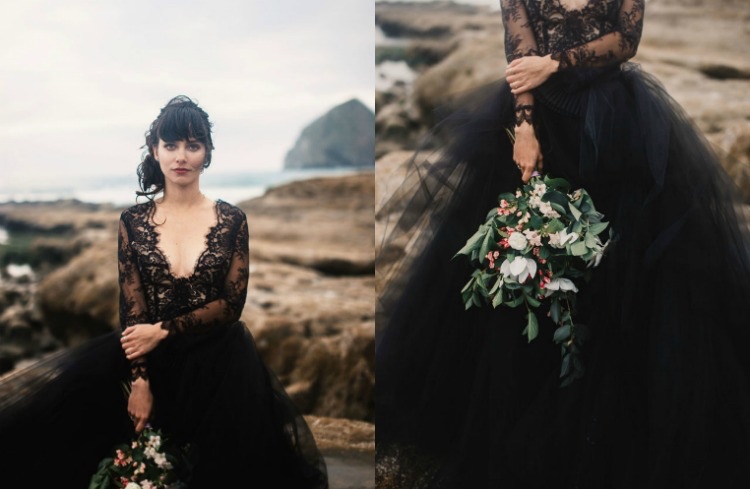 svadobné šaty-čierna-extravagantná-svadobná-móda-tyl-čipka-výstrih