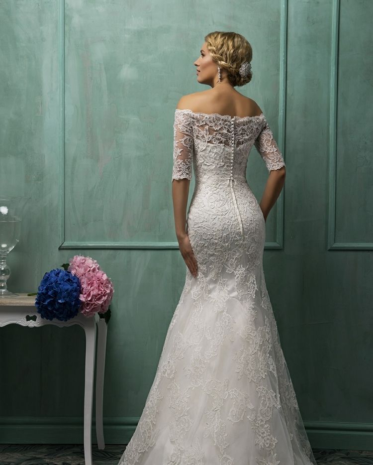 Dizajn pivných šiat mimo ramena s čipkou zvýrazňuje chrbát off rameno svadobné šaty čipky dizajn tesné polovičné rukávy