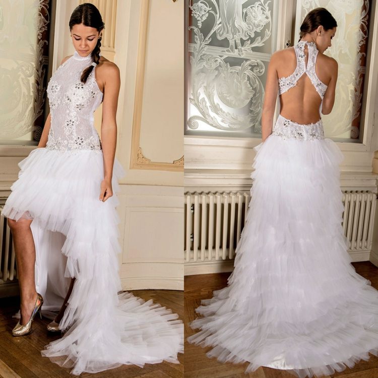 Dizajn svadobných šiat je zaujímavý a atraktívny zároveň šifón nápad krátke svadobné šaty zadný dizajn originál