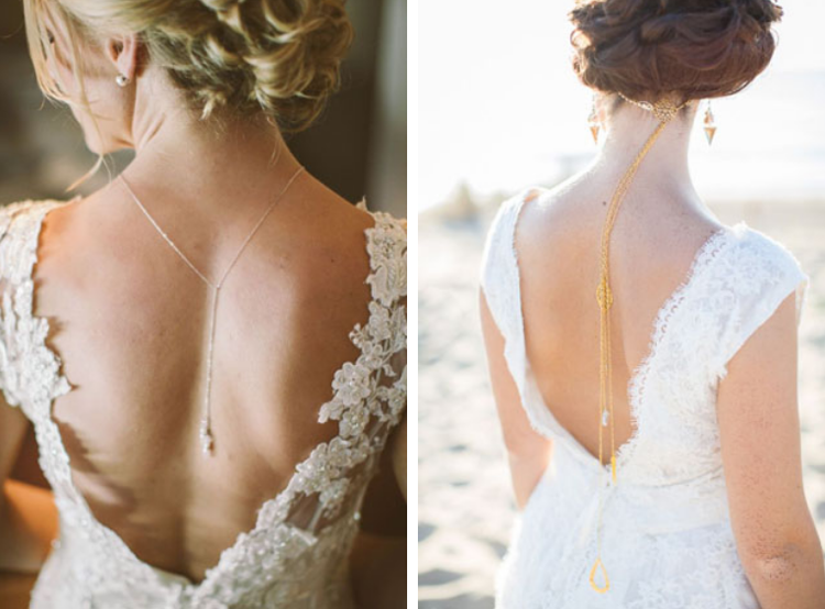 Retiazka svadobných šiat na chrbte updo V výstrihu