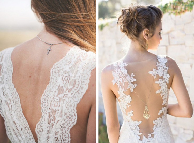 Svadobné šaty s čipkovým výstrihom s hlbokým chrbtom