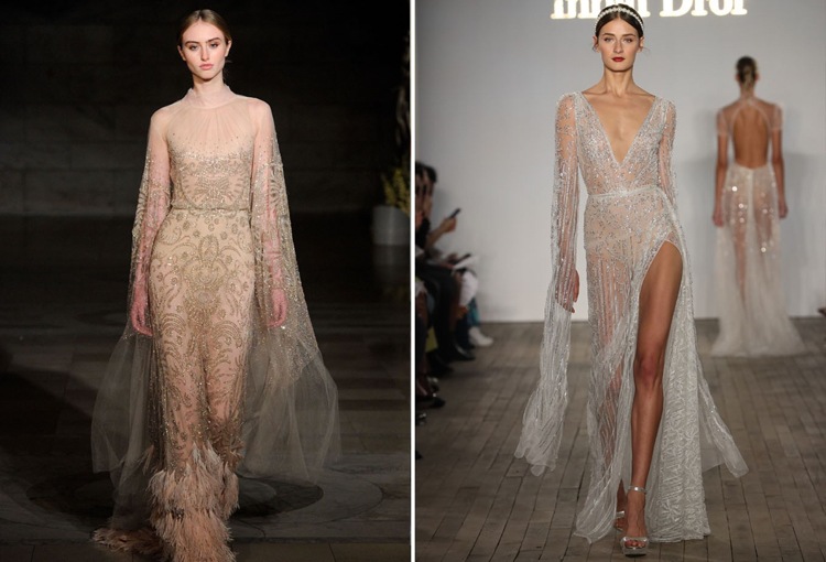 Svadobné šaty 2019 s dlhým rukávom, dramatickým výstrihom do V