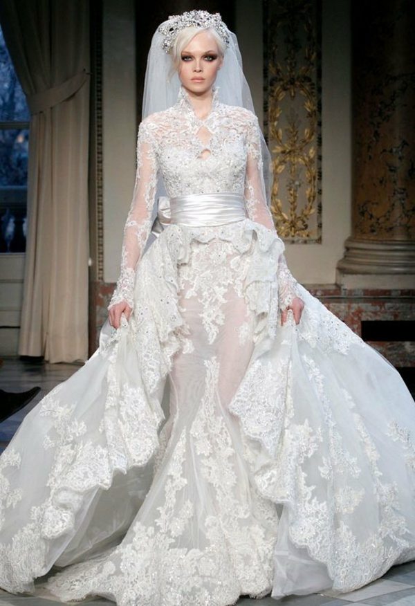 Plné svadobné šaty z hodvábu a čipky s dlhým rukávom Svadobné šaty vyrobené z čipky od Zuhaira-Murada